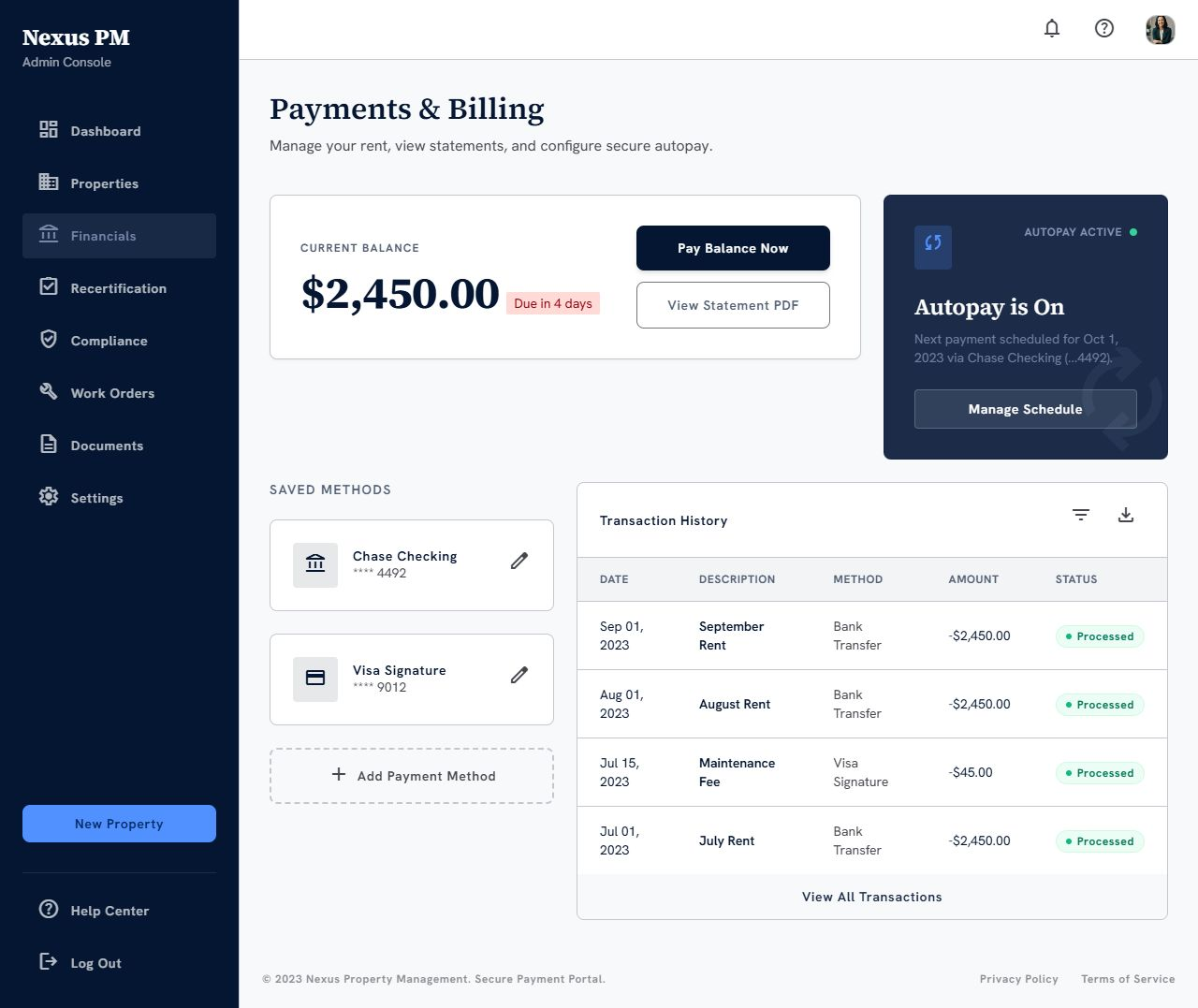 Payments & Billing Portal screen in CannaCredit