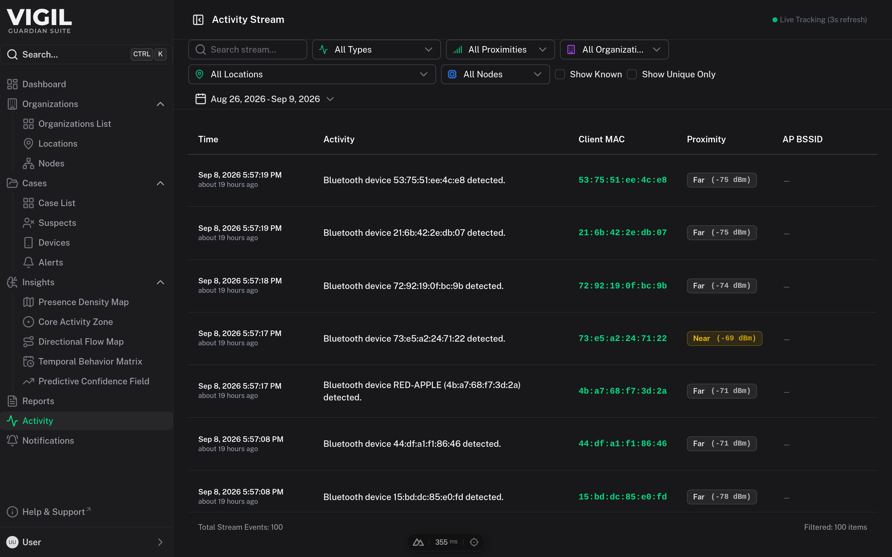 Guardian Suite Live Activity Stream screen