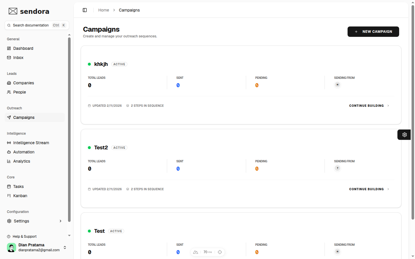 Sendora Live Campaigns Overview screenshot