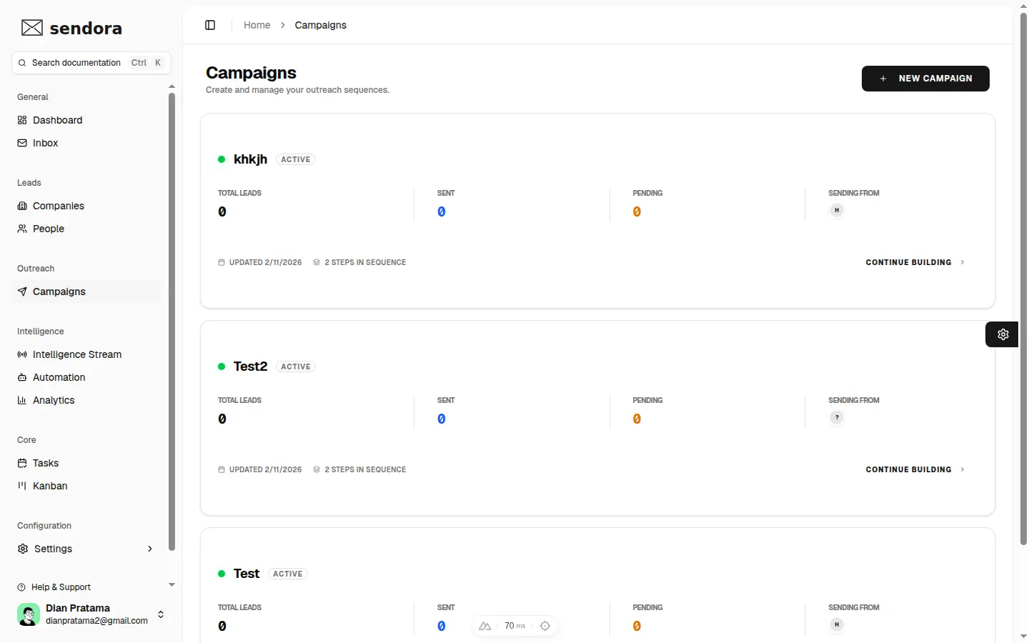Sendora Live Campaigns Overview screenshot