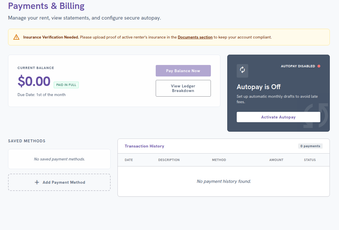 Resident Payments and Ledger screen in TenantWise