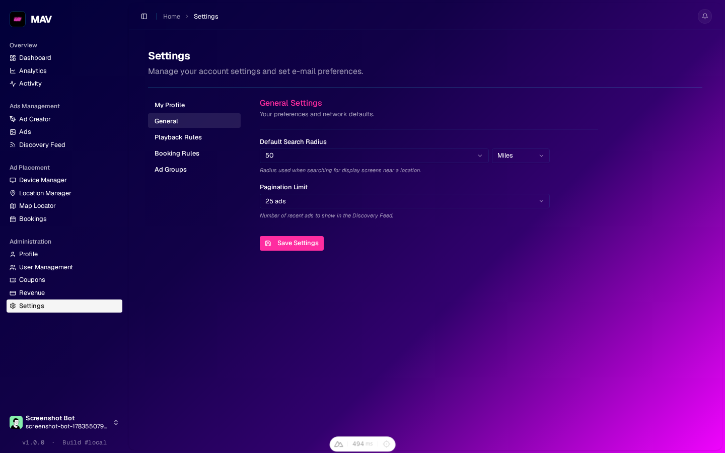 settings page