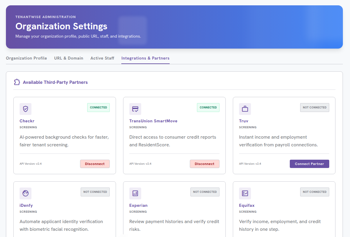 TenantWise Marketing Integrations Integration settings for Mailchimp and Brevo services in TenantWise