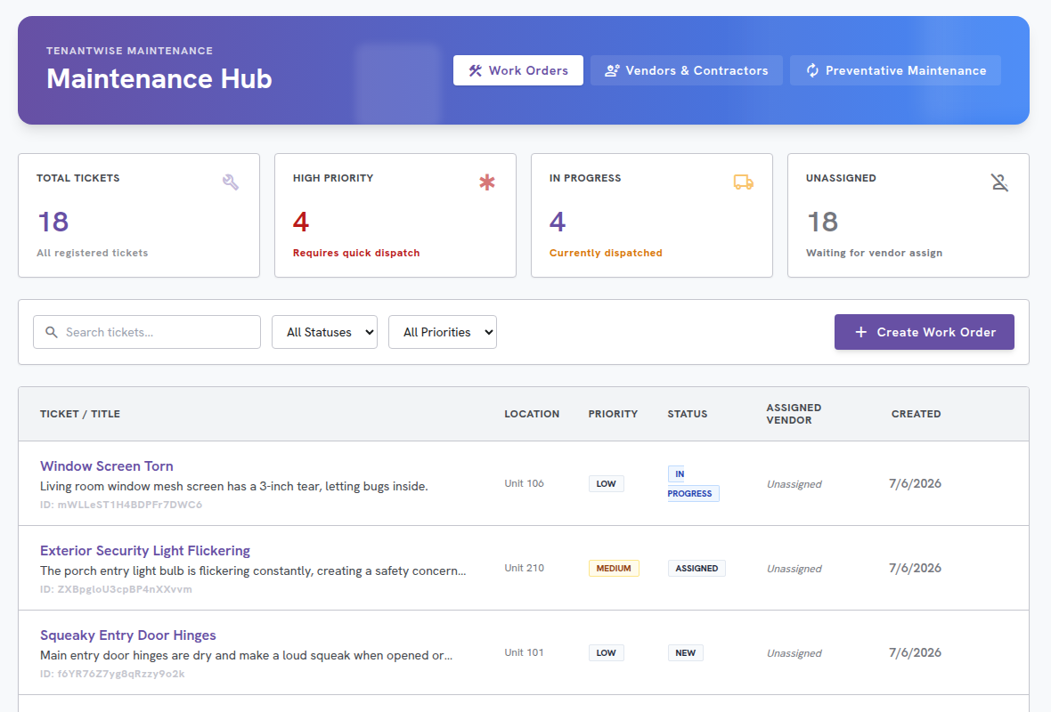 TenantWise Work Order Dispatch TenantWise admin console for assigning work orders to HVAC and maintenance vendors